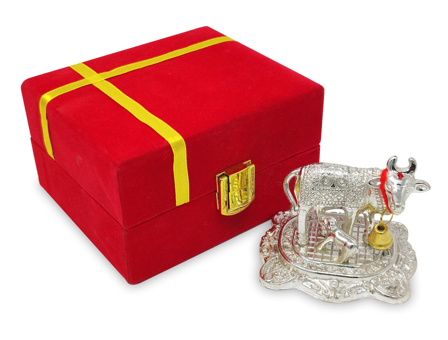 NOBILITY Silver Plated Small Kamdhenu Cow with Calf Metal Statue with Red Gift Box Showpiece Decorative Item for Home Office Diwali Decoration Pooja Items Wedding Return Gifts