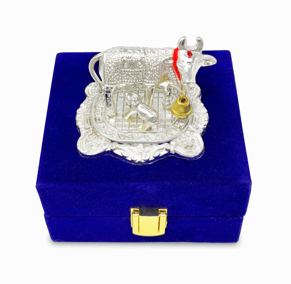 NOBILITY Small Kamdhenu Cow with Calf Metal Statue with Blue Gift Box Showpiece Decorative Item for Home Office Diwali Decoration Pooja Items Wedding Return Gifts