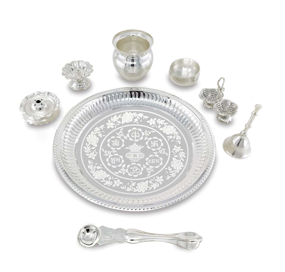 NOBILITY Pooja Thali Set Silver Plated with Red Gift Box Designed Puja Plate 20 CM Bowl Ghanti Kalash Spoon Dhup Dan Diya for Home Office Diwali Wedding Return Gift Items