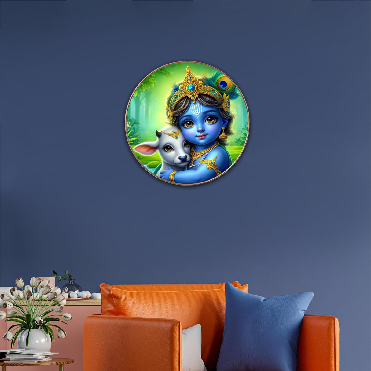 NOBILITY Krishna with cow Painting modern sparkle lamination Kanha wall art with premium golden slim frame for Home Living Room Office Wedding Return Christmas Diwali Gift Items for Friends Family