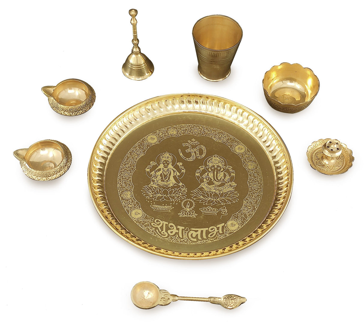 Bengalen Brass Pooja Thali Set 8 Inch with Pital Plate Glass Nag Archmini Spoon Ghanti Kuber Diya Dhup Dan Bowl Puja Thali for Diwali Home Mandir Office Wedding Return Gift Items