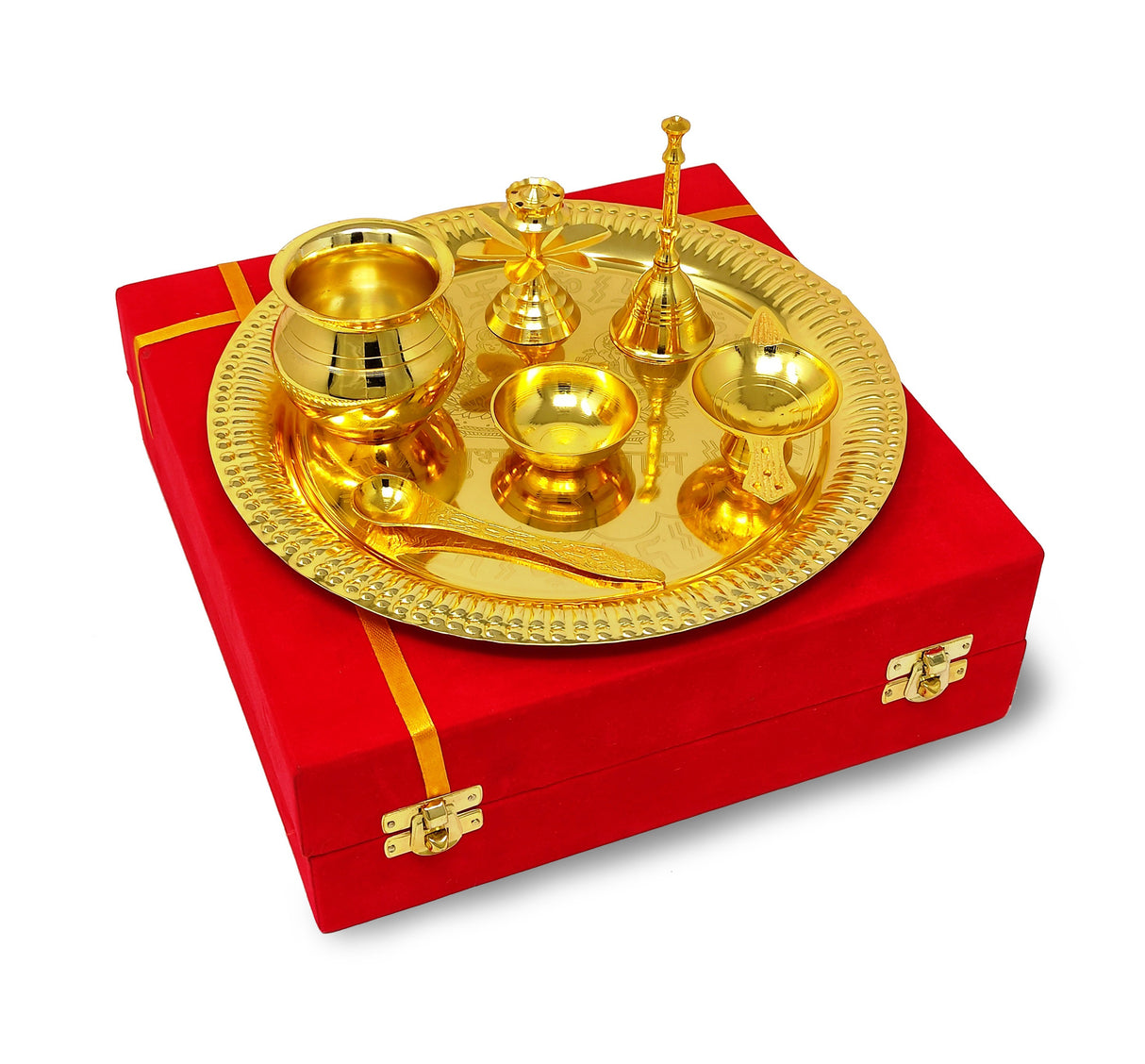 Bengalen Pooja Thali Set Gold Plated with Red Gift Box Designed 22 cm Puja Plate Kalash Bowl Ghanti Spoon Dhup Dan Diya for Home Office Diwali Wedding Return Gift Items