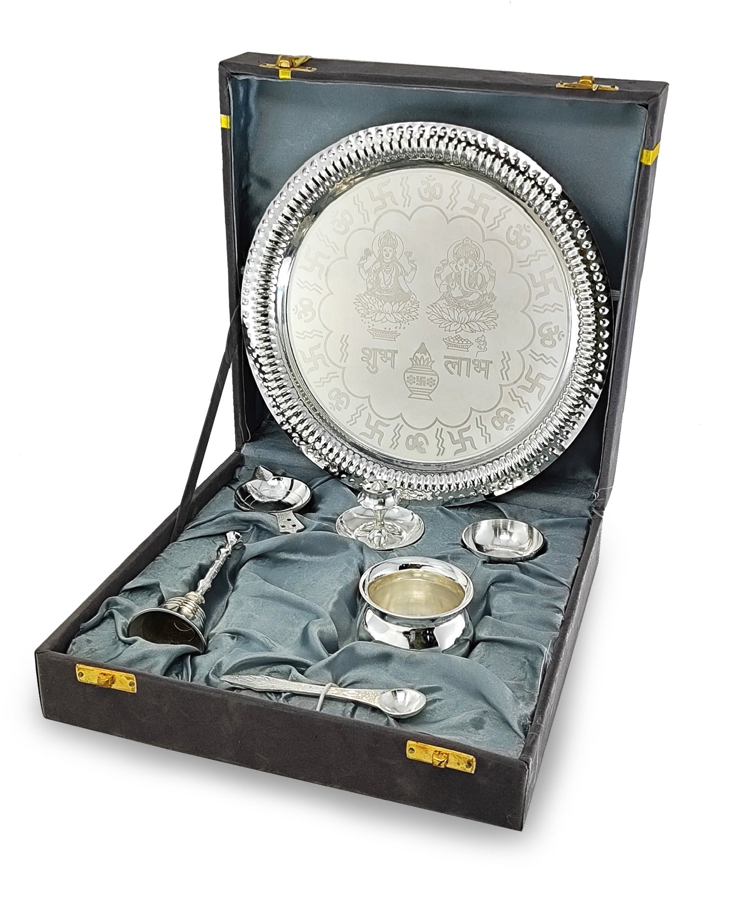 Bengalen Pooja Thali Set Silver Plated with Grey Gift Box Designed 22 cm Puja Plate Kalash Bowl Ghanti Spoon Dhup Dan Diya for Home Office Diwali Wedding Return Gift Items