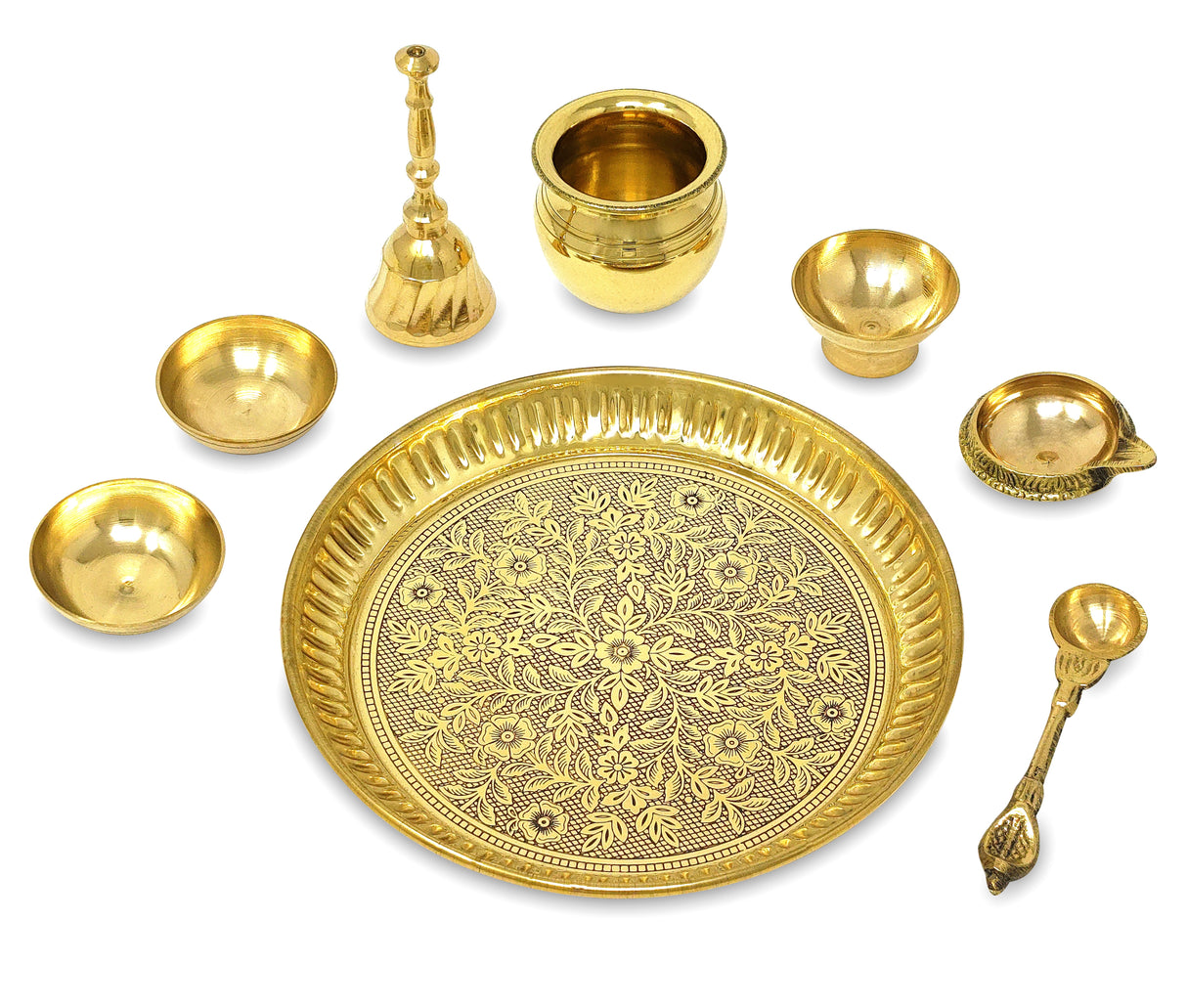 Pooja Thali Set Brass Small 6 Inch Puja Thali with Pital Plate Chandan Wati Kalash Kuber Diya Ghanti Palli Arti Thali for Diwali Home Office Mandir Wedding Return Gift Items