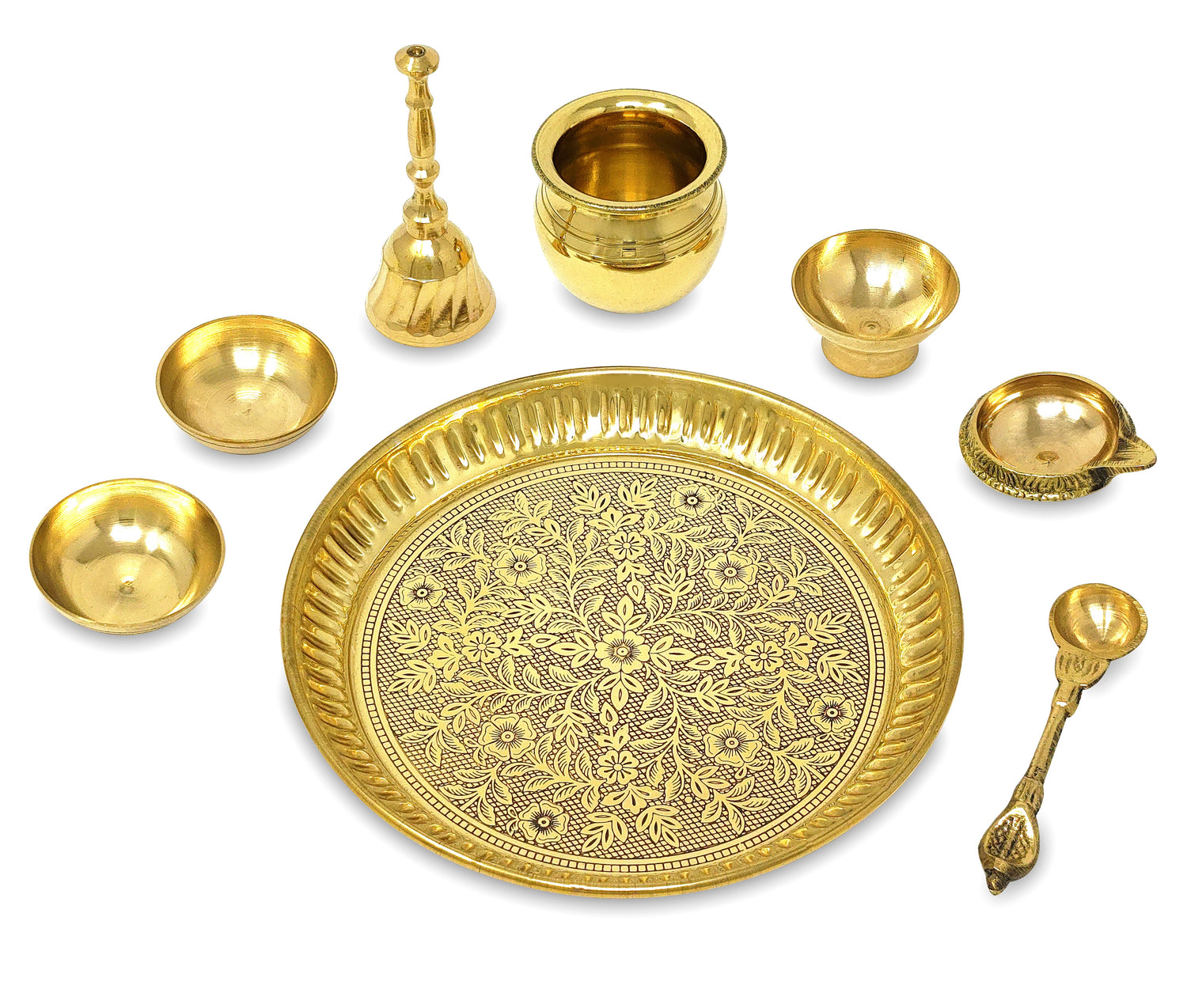 NOBILITY Brass Pooja Thali Set Small 6 Inch Puja Thali with Pital Plate Chandan Wati Kalash Kuber Diya Ghanti Palli Arti Thali for Diwali Home Office Mandir Wedding Return Gift Items