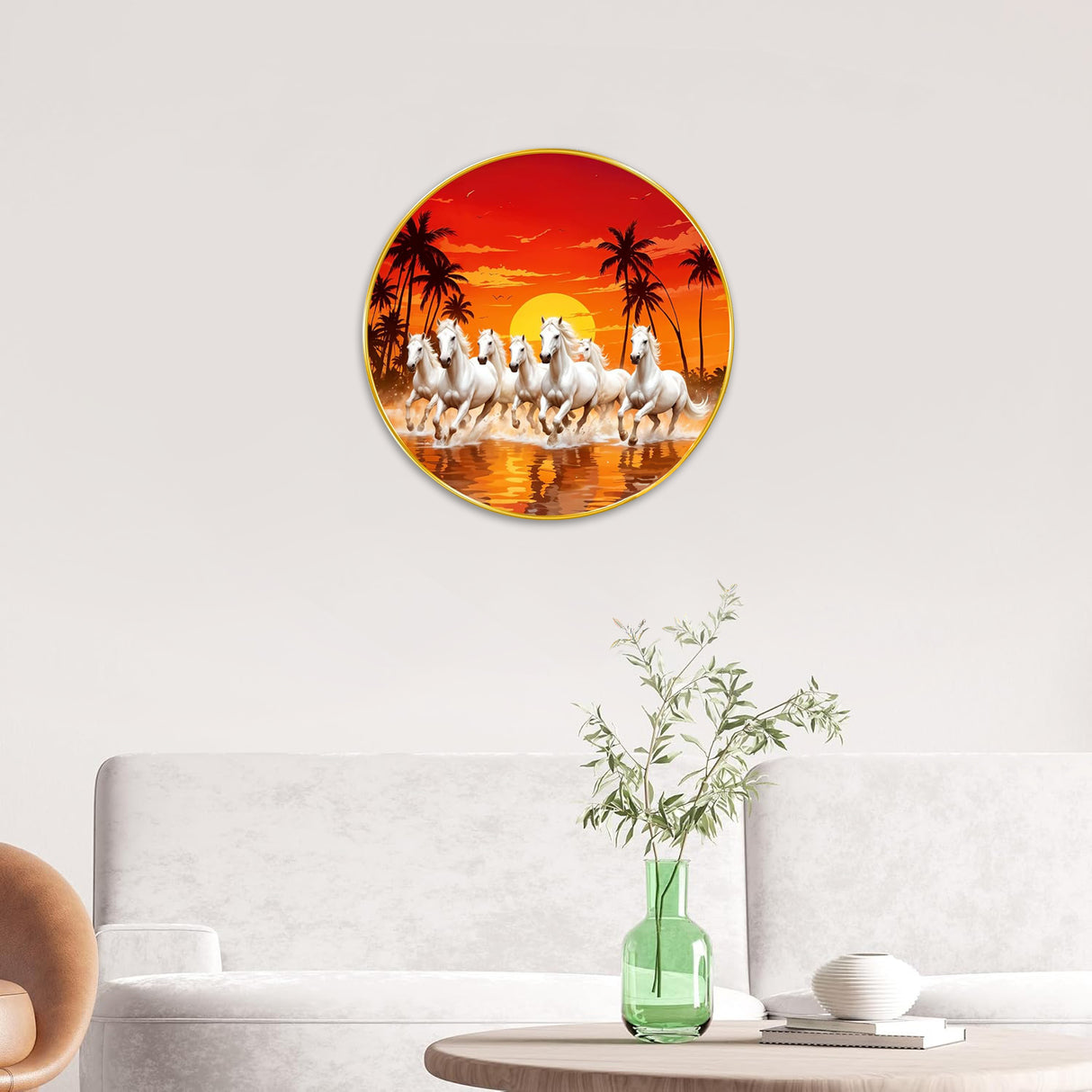 NOBILITY Seven Running Horses Painting modern sparkle lamination wall art with premium golden slim frame for Home Living Room Office Wedding Return Christmas Diwali Gift Items for Friends Family