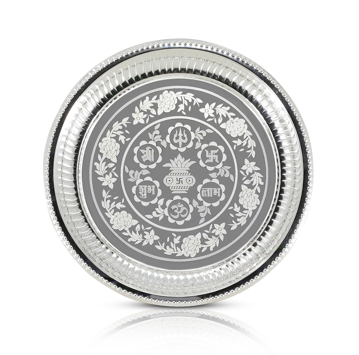 NOBILITY Pooja Thali Set Silver Plated with Red Gift Box Designed Puja Plate 20 CM Bowl Ghanti Kalash Spoon Dhup Dan Diya for Home Office Diwali Wedding Return Gift Items