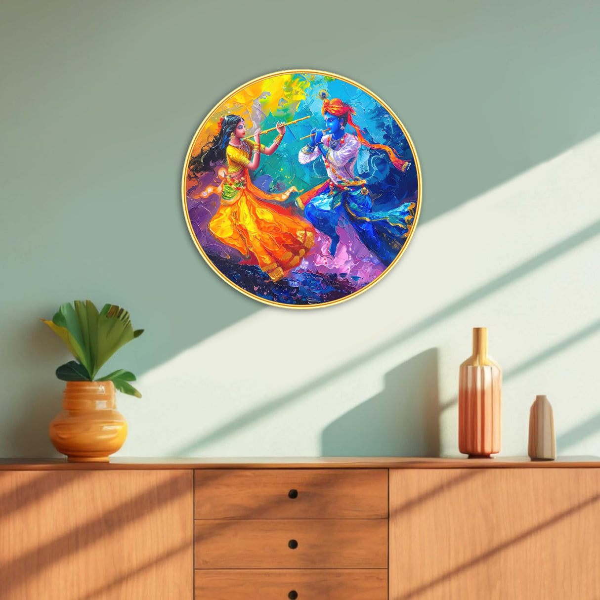 NOBILITY Radha Krishna Painting modern sparkle lamination wall art with premium golden slim frame for Home Living Room