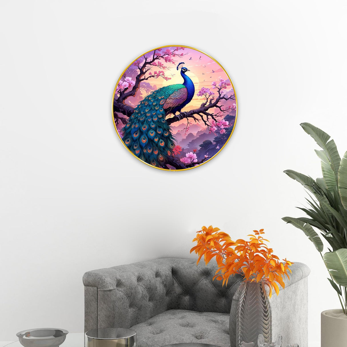 NOBILITY Peacock Painting modern sparkle lamination wall art with premium golden slim frame