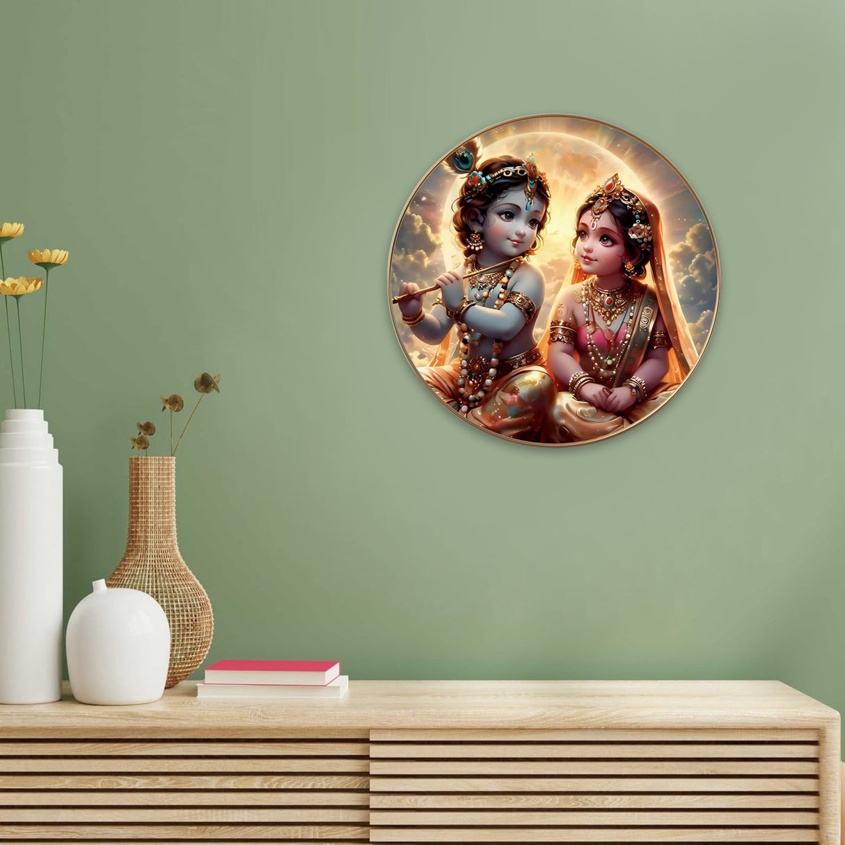 NOBILITY Radha Krishna Painting modern sparkle lamination wall art with premium golden slim frame for Home Living Room