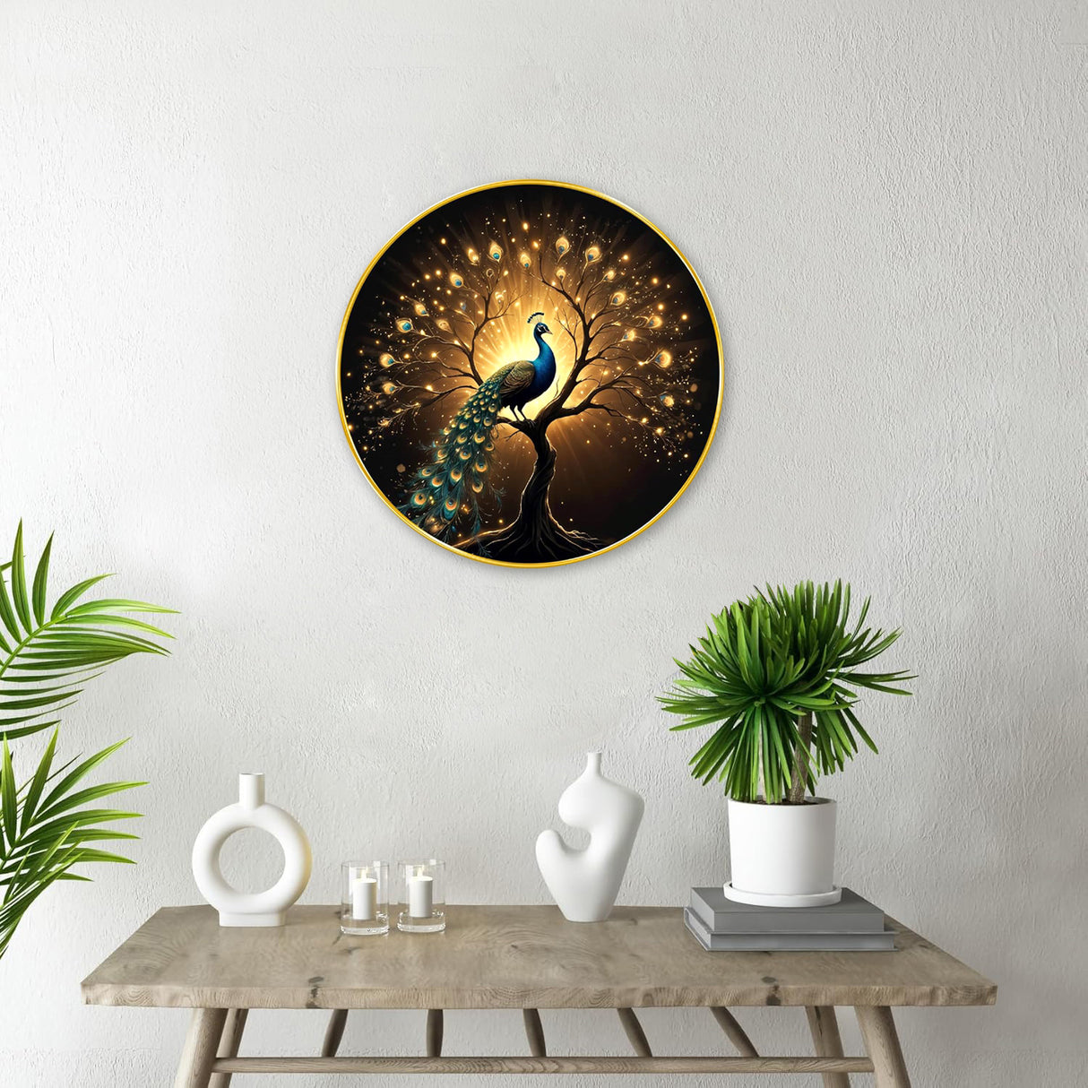 NOBILITY Peacock Painting modern sparkle lamination wall art with premium golden slim frame for Home Living Room Office Wedding Return Christmas Diwali Gift Items for Friends Family