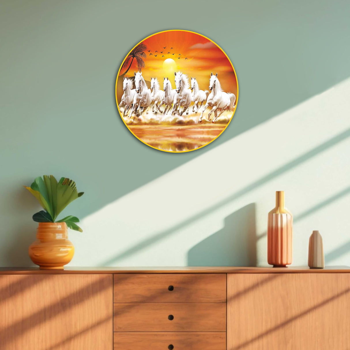 NOBILITY Seven Running Horses Painting modern sparkle lamination Horse wall art with premium golden slim frame for Home Living Room Office Wedding Return Diwali Gift Items for Friends Family