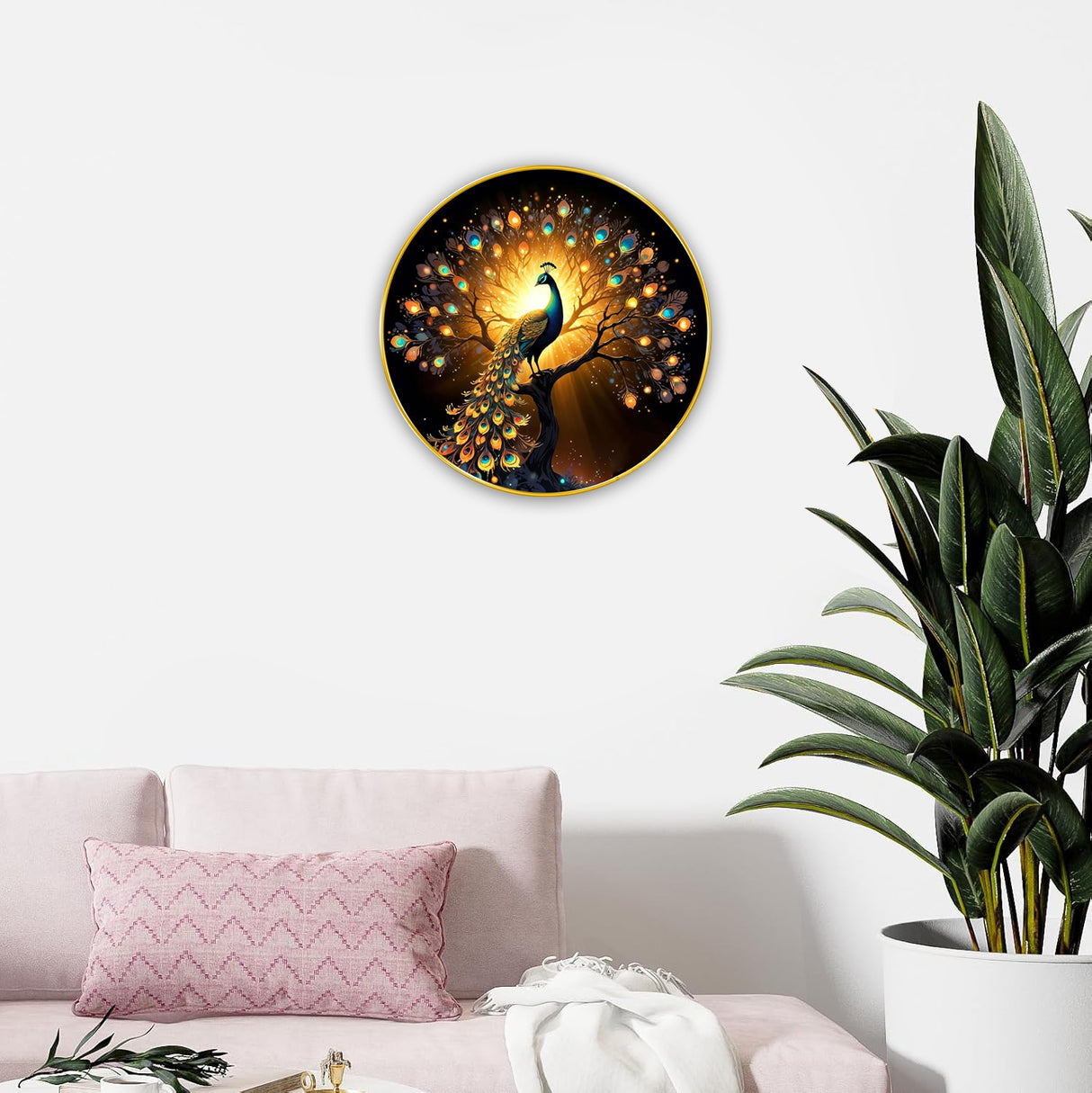 NOBILITY Peacock Painting modern sparkle lamination wall art with premium golden slim frame for Home Living Room Office Wedding Return Christmas Diwali Gift Items for Friends Family