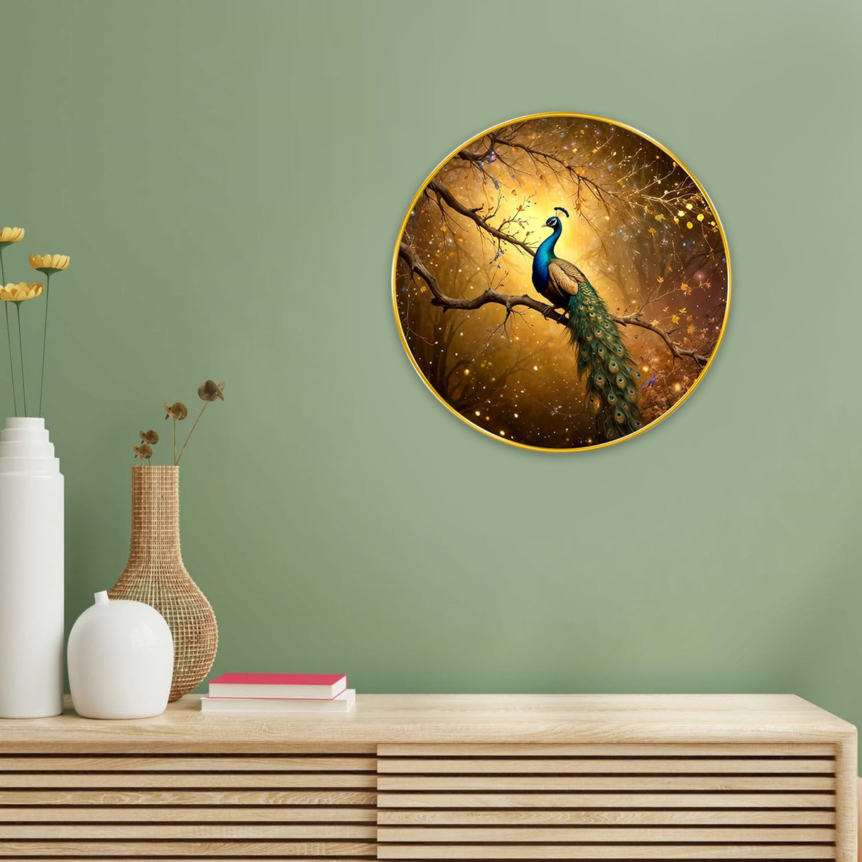 NOBILITY Peacock Painting modern sparkle lamination wall art with premium golden slim frame for Home Living Room Office Wedding Return Christmas Diwali Gift Items for Friends Family