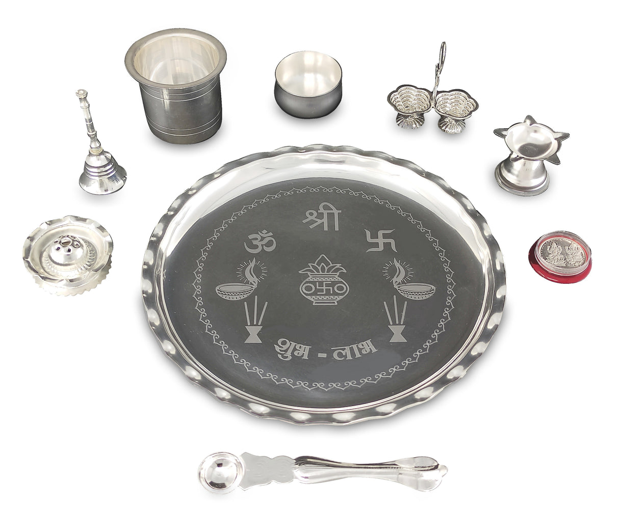 Bengalen Silver Plated Pooja Thali Set 9.5 Inch with Plate Diya Haldi Kumkum Stand Panchapatra Palli Bowl Dhup Dan Ghanti Puja Thali for Home Mandir Office Diwali Wedding Return Gift Items