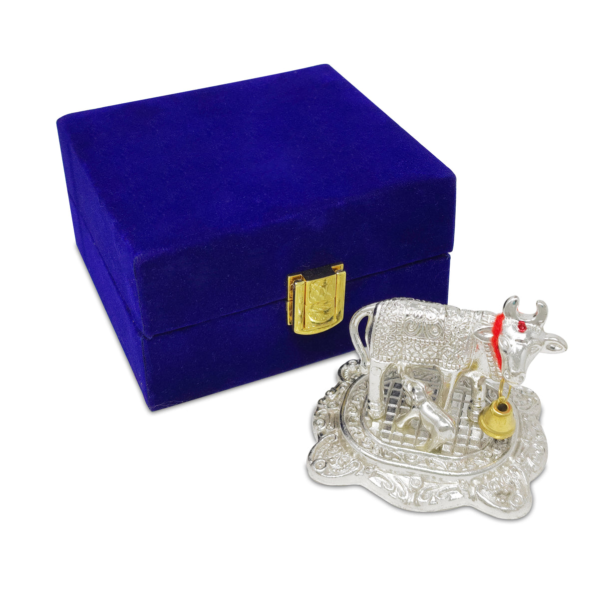 NOBILITY Small Kamdhenu Cow with Calf Metal Statue with Blue Gift Box Showpiece Decorative Item for Home Office Diwali Decoration Pooja Items Wedding Return Gifts