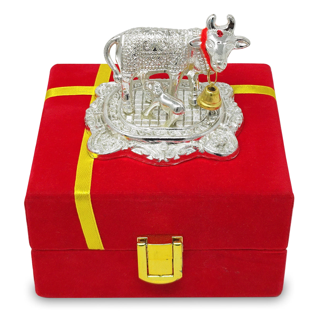 NOBILITY Silver Plated Small Kamdhenu Cow with Calf Metal Statue with Red Gift Box Showpiece Decorative Item for Home Office Diwali Decoration Pooja Items Wedding Return Gifts
