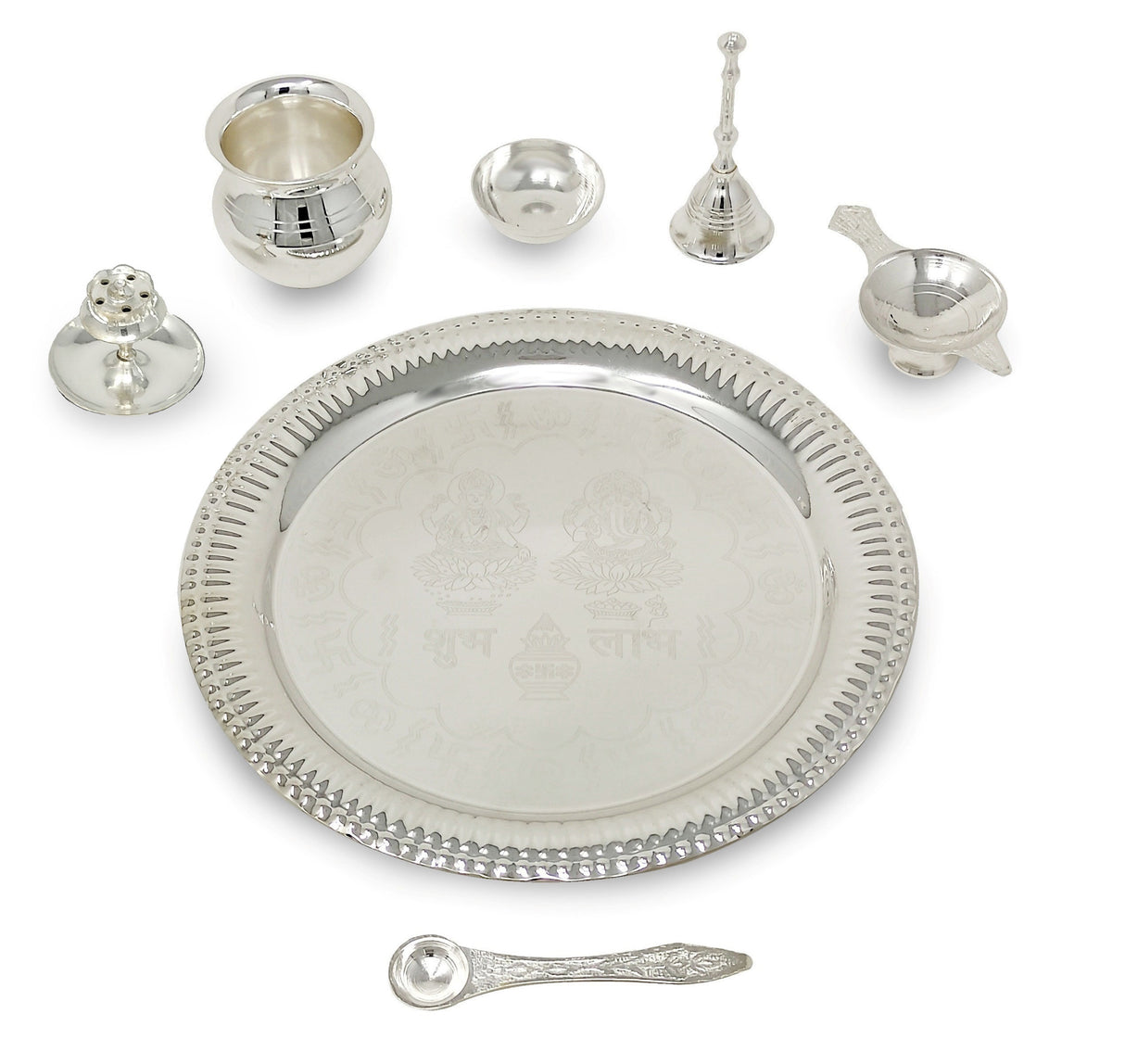Bengalen Pooja Thali Set Silver Plated with Blue Gift Box Designed 22 cm Puja Plate Kalash Bowl Ghanti Spoon Dhup Dan Diya for Home Office Diwali Wedding Return Gift Items