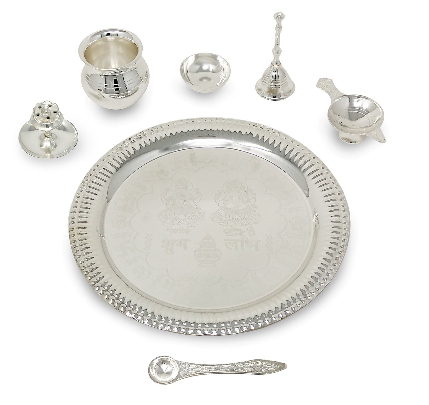 Bengalen Pooja Thali Set Silver Plated with Blue Gift Box Designed 22 cm Puja Plate Kalash Bowl Ghanti Spoon Dhup Dan Diya for Home Office Diwali Wedding Return Gift Items