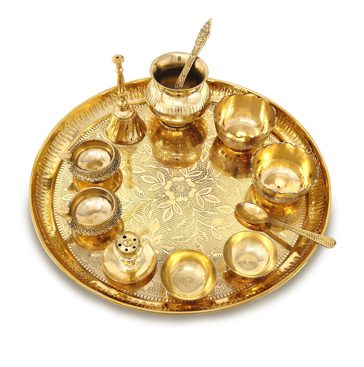 NOBILITY Brass Pooja Thali Set 12 Inch with Pital Puja Plate Kalash Bowl Spoon Palli Ghanti Kuber Diya Chandan Wati Dhup Dan Arti Thali for Diwali Home Office Mandir Wedding Return Gift Items