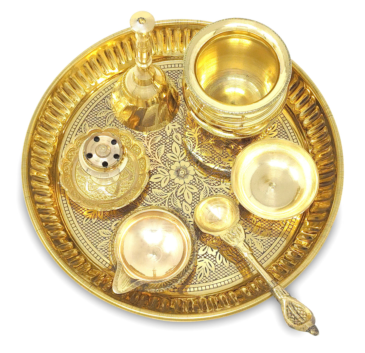 NOBILITY Brass Pooja Thali Set Small 6 Inch Puja Thali with Pital Plate Kalash Kuber Diya Chandan Wati Agarbatti Stand Ghanti Palli Arti Thali for Diwali Home Office Mandir Wedding Return Gift Items