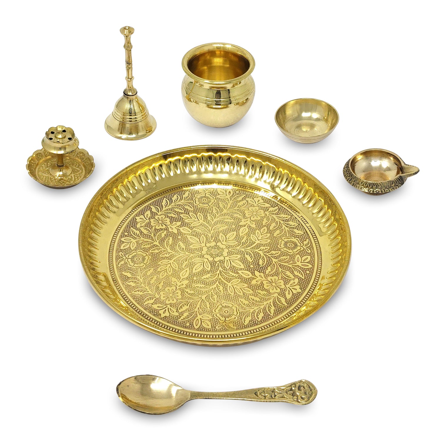 Brass Pooja Thali Set with Gray Gift Box 6 Inch Pital Plate Kalash Spoon Chandan Wati Dhup Dan Kuber Diya Ghanti Puja Arti Thali for Diwali Home Office Mandir Wedding Return Gifts