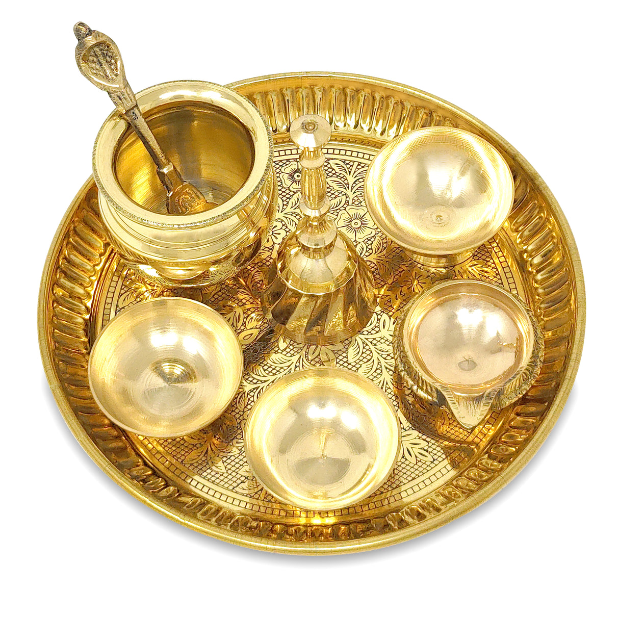 Pooja Thali Set Brass Small 6 Inch Puja Thali with Pital Plate Chandan Wati Kalash Kuber Diya Ghanti Palli Arti Thali for Diwali Home Office Mandir Wedding Return Gift Items