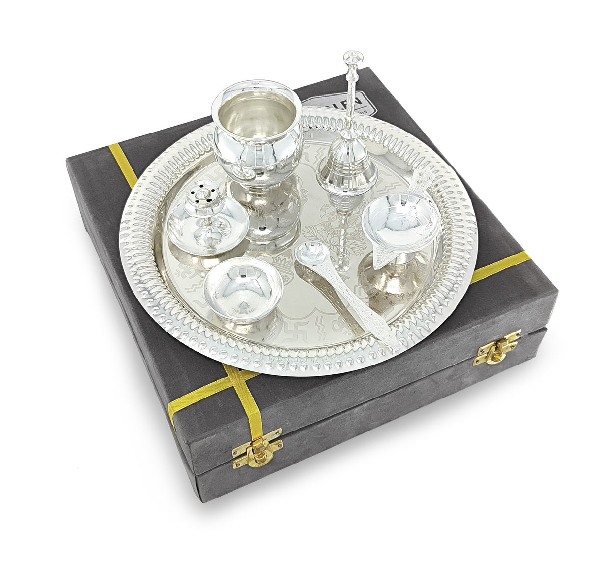 Bengalen Pooja Thali Set Silver Plated with Grey Gift Box Designed 22 cm Puja Plate Kalash Bowl Ghanti Spoon Dhup Dan Diya for Home Office Diwali Wedding Return Gift Items