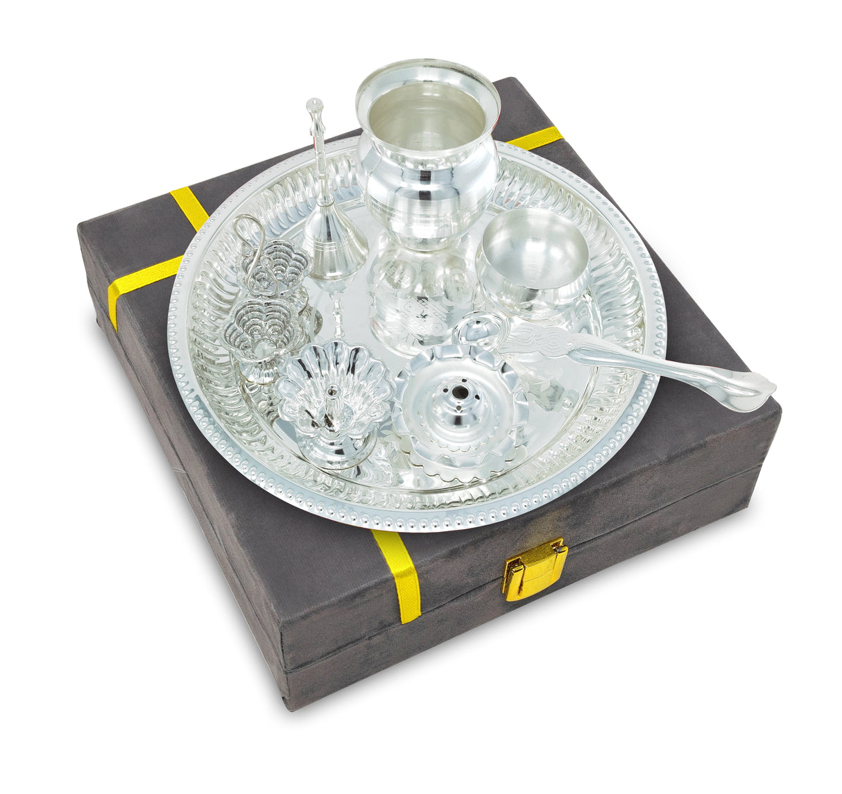 NOBILITY Pooja Thali Set Silver Plated with Gray Gift Box Designed Puja Plate 20 CM Bowl Ghanti Kalash Spoon Dhup Dan Diya for Home Office Diwali Wedding Return Gift Items