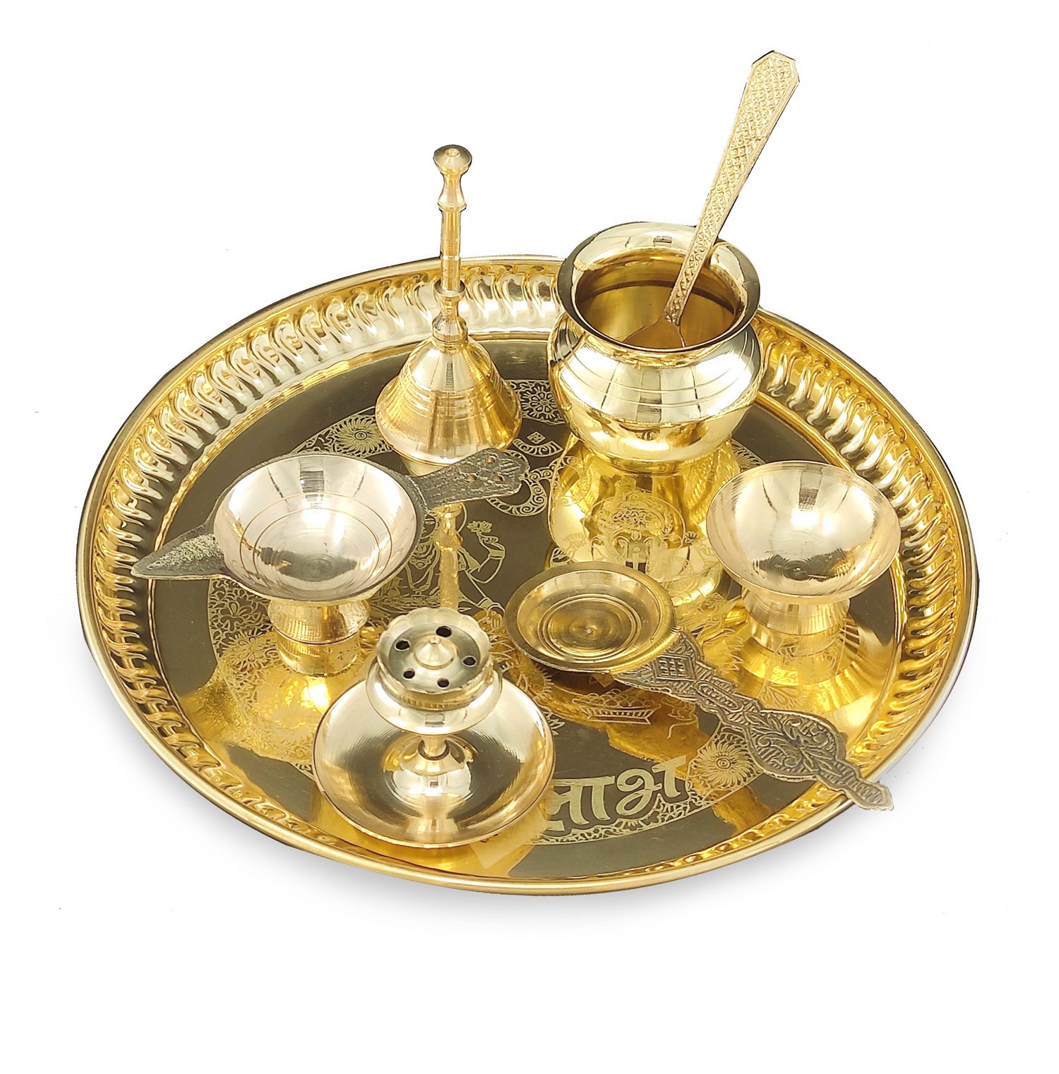 Bengalen Brass Pooja thali Set 8 Inch with Pital Plate Kalash Spoon Diya Bowl Dhup Dan Ghanti Kappur Arti Daily Puja Thali for Diwali Home Mandir Office Wedding Return Gift Items