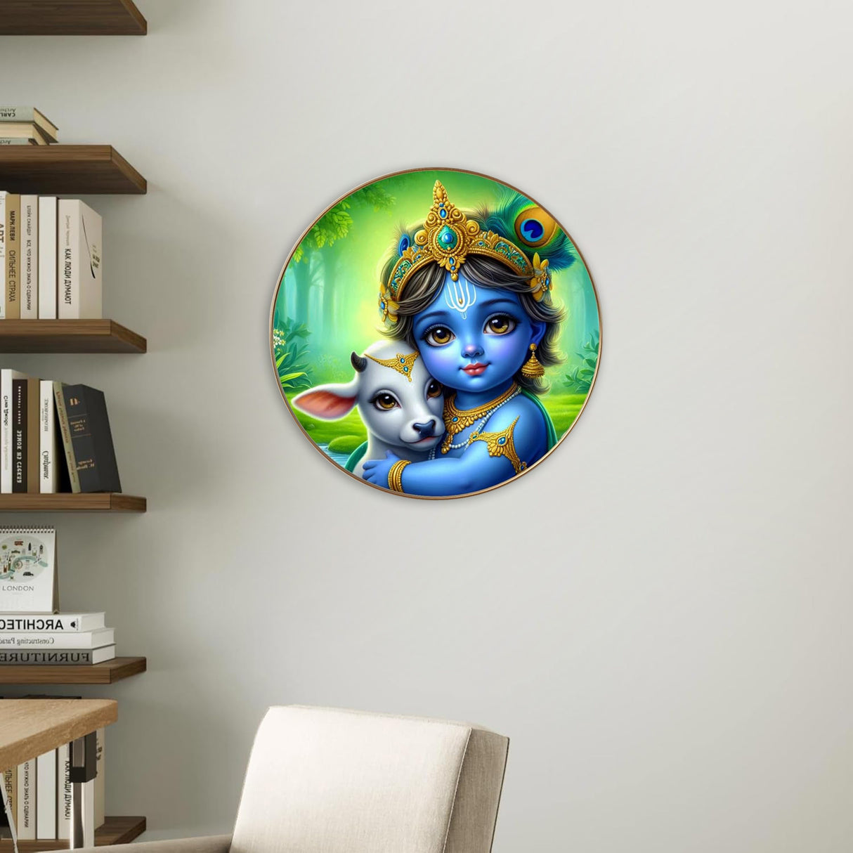 NOBILITY Krishna with cow Painting modern sparkle lamination Kanha wall art with premium golden slim frame for Home Living Room Office Wedding Return Christmas Diwali Gift Items for Friends Family