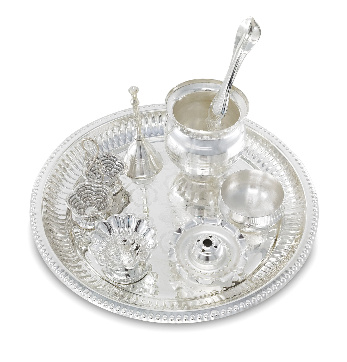 NOBILITY Pooja Thali Set Silver Plated with Red Gift Box Designed Puja Plate 20 CM Bowl Ghanti Kalash Spoon Dhup Dan Diya for Home Office Diwali Wedding Return Gift Items