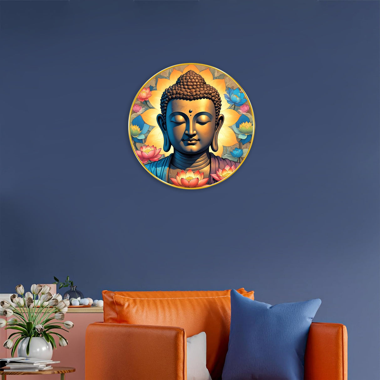 NOBILITY Buddha Painting modern sparkle lamination wall art with premium golden slim frame for Home Living Room Office Wedding Return Christmas Diwali Gift Items for Friends Family