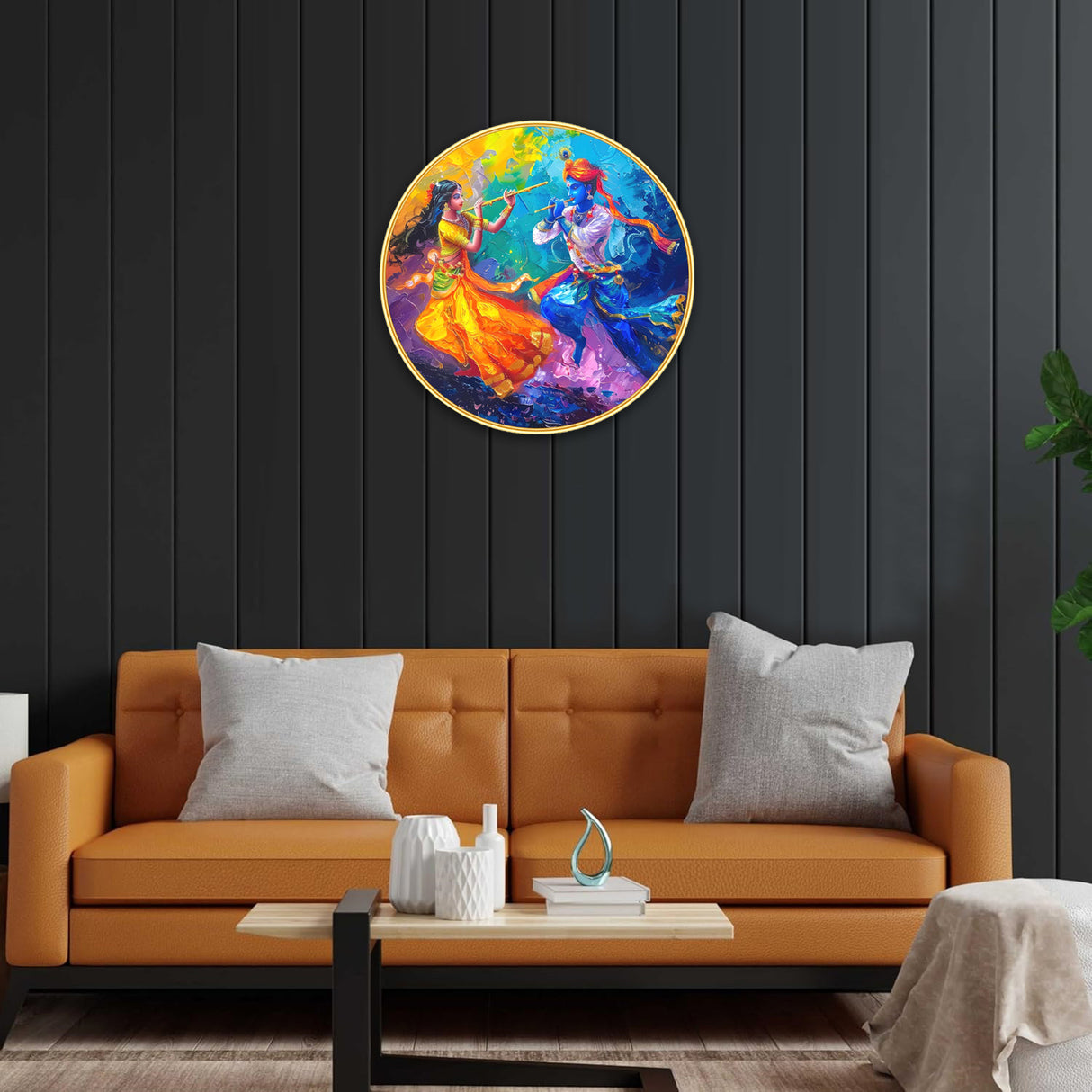 NOBILITY Radha Krishna Painting modern sparkle lamination wall art with premium golden slim frame for Home Living Room