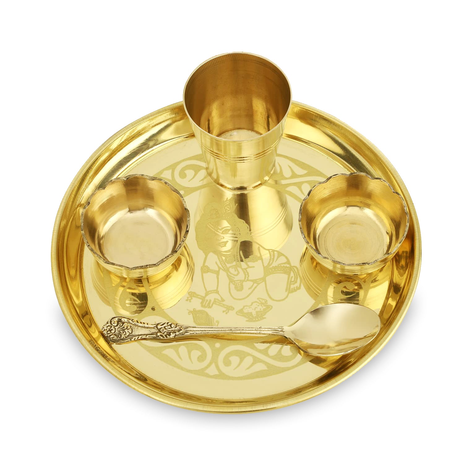 NOBILITY Pooja Thali Set Small 7 Inch With Blue Velvet Box Brass Laddu Gopal Bhog Thali for Krishna Janmashtami Decoration Puja Item Festival Puja Kanha Bhog Thali Set for Home Office Mandir Return Gift Items