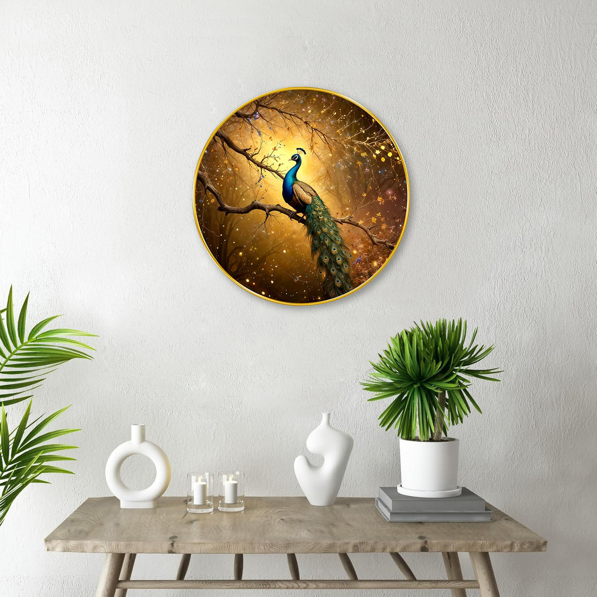 NOBILITY Peacock Painting modern sparkle lamination wall art with premium golden slim frame for Home Living Room Office Wedding Return Christmas Diwali Gift Items for Friends Family