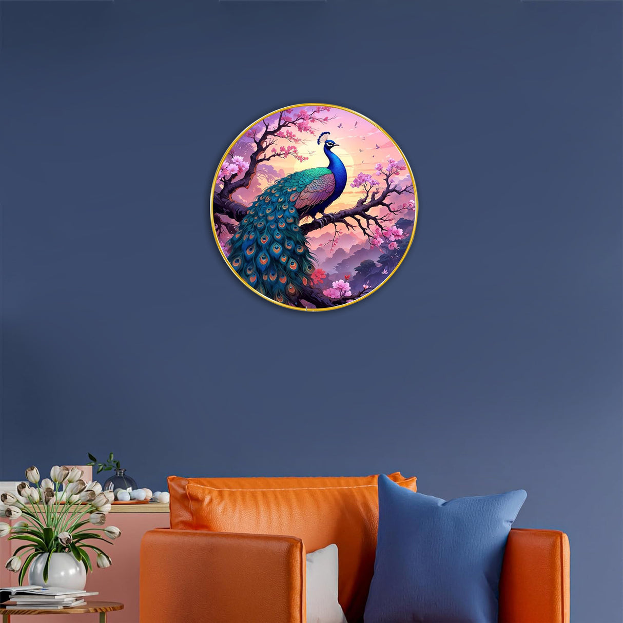 NOBILITY Peacock Painting modern sparkle lamination wall art with premium golden slim frame