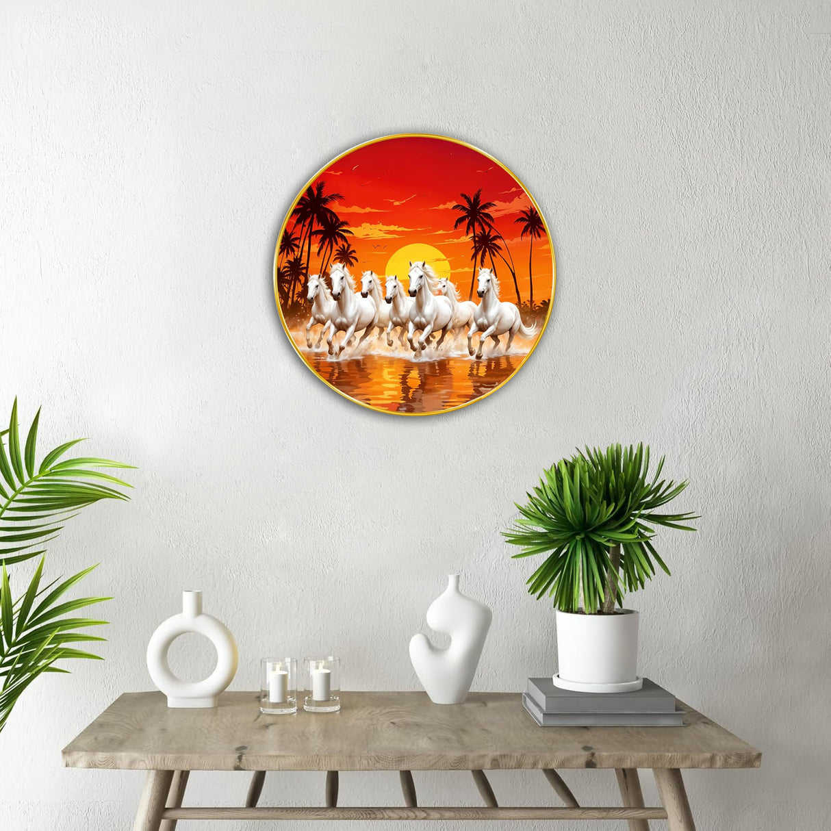 NOBILITY Seven Running Horses Painting modern sparkle lamination wall art with premium golden slim frame for Home Living Room Office Wedding Return Christmas Diwali Gift Items for Friends Family