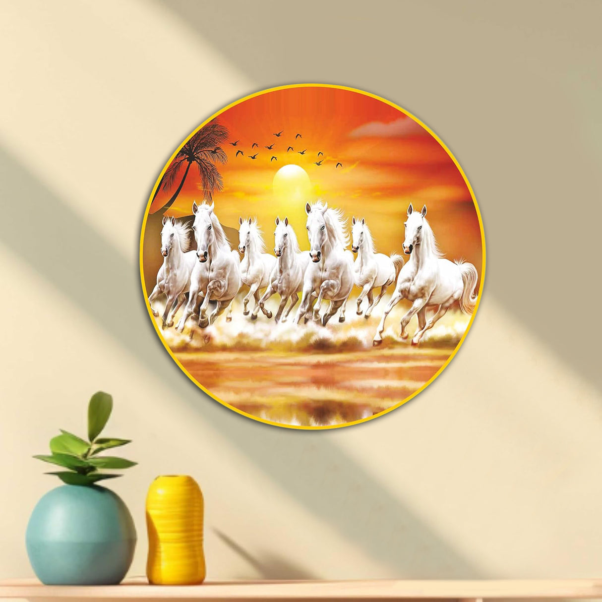 NOBILITY Seven Running Horses Painting modern sparkle lamination Horse wall art with premium golden slim frame for Home Living Room Office Wedding Return Diwali Gift Items for Friends Family