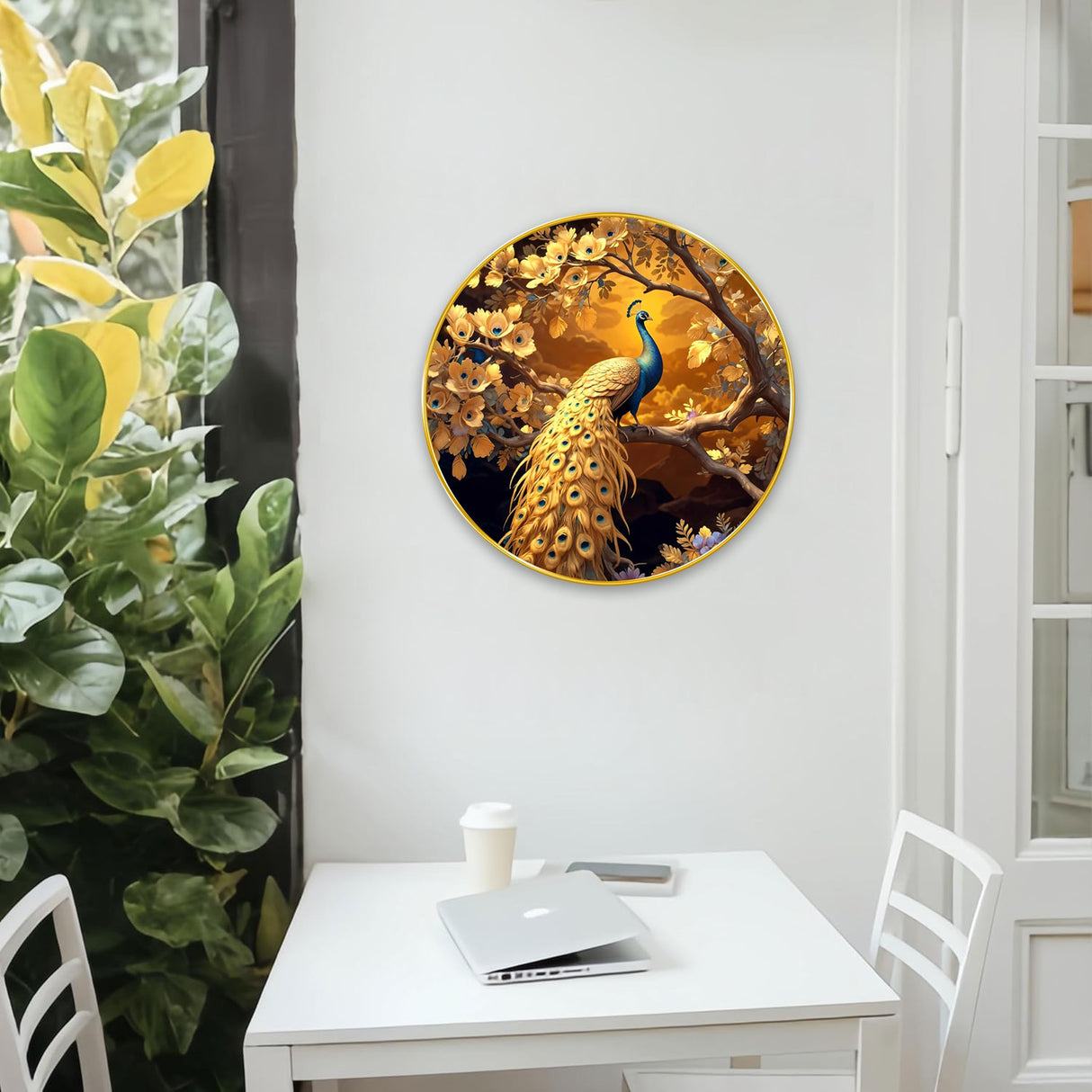 NOBILITY Peacock Painting modern sparkle lamination wall art with premium golden slim frame for Home Living Room Office Wedding Return Christmas Diwali Gift Items for Friends Family