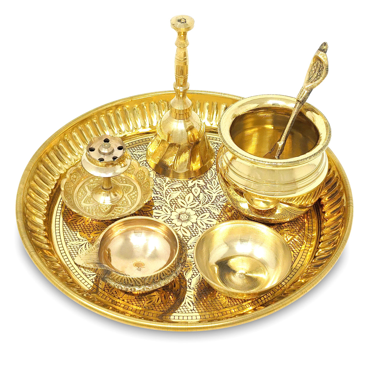 BENGALEN Brass Pooja Thali Set Small 6 Inch Puja Thali with Pital Plate Kalash Kuber Diya Chandan Wati Agarbatti Stand Ghanti Palli Arti Thali for Diwali Home Office Mandir Wedding Return Gift Items