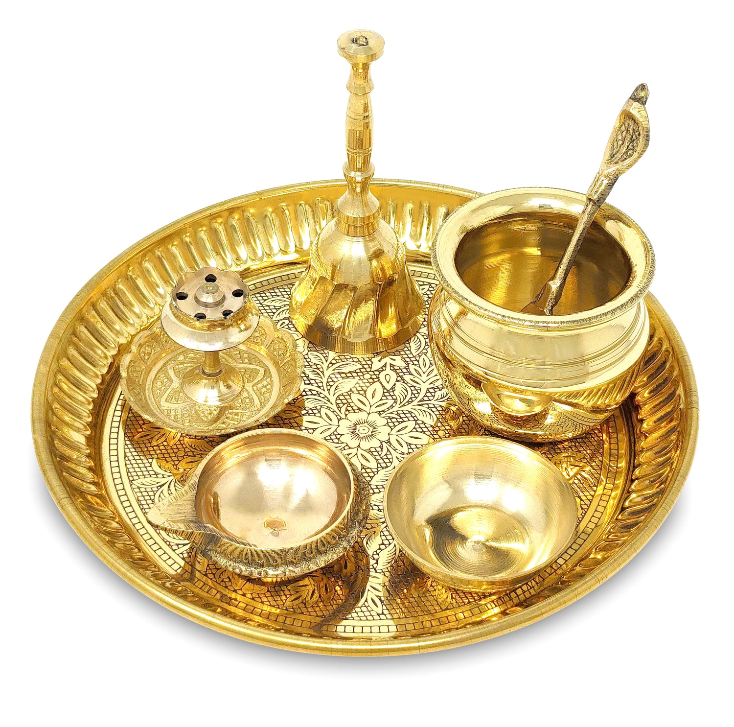 BENGALEN Brass Pooja Thali Set Small 6 Inch Puja Thali with Pital Plate Kalash Kuber Diya Chandan Wati Agarbatti Stand Ghanti Palli Arti Thali for Diwali Home Office Mandir Wedding Return Gift Items