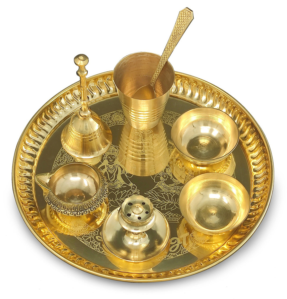 Bengalen Brass Pooja thali Set 8 Inch with Pital Plate Glass Spoon Ghanti Bowl Agarbatti Stand Kuber Diya Puja Thali for Diwali Home Mandir Office Wedding Return Gift Items
