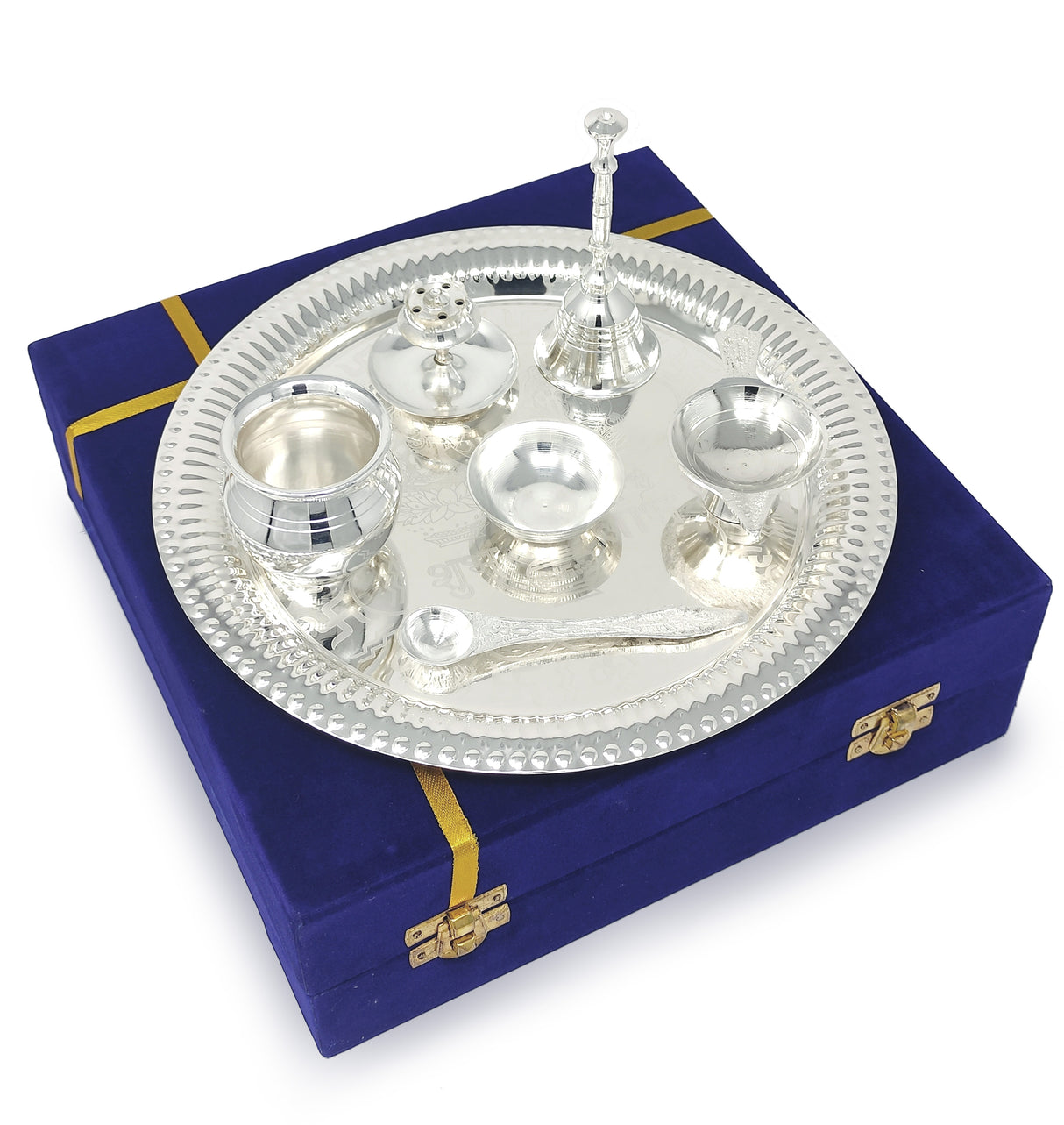Bengalen Pooja Thali Set Silver Plated with Blue Gift Box Designed 22 cm Puja Plate Kalash Bowl Ghanti Spoon Dhup Dan Diya for Home Office Diwali Wedding Return Gift Items