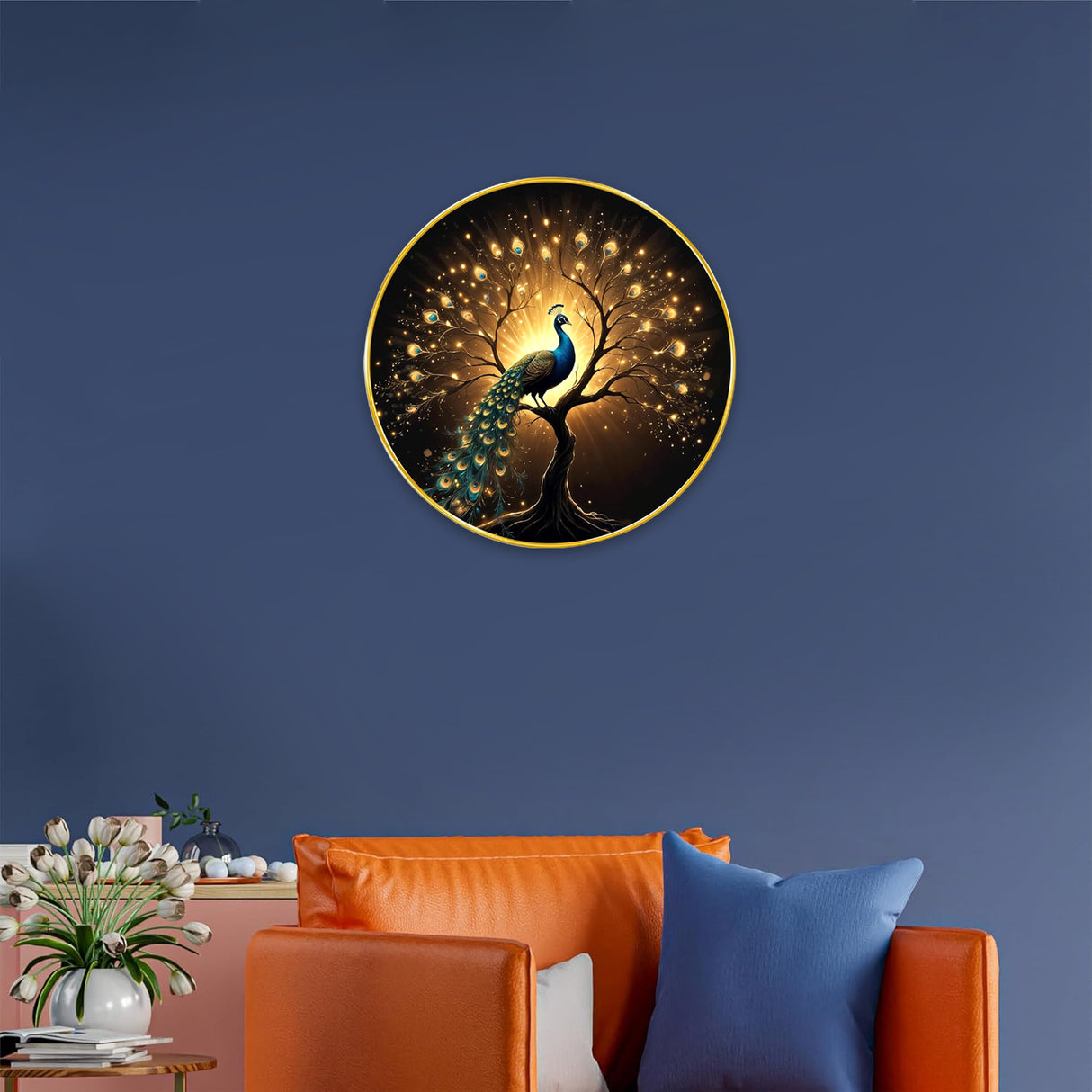 NOBILITY Peacock Painting modern sparkle lamination wall art with premium golden slim frame for Home Living Room Office Wedding Return Christmas Diwali Gift Items for Friends Family