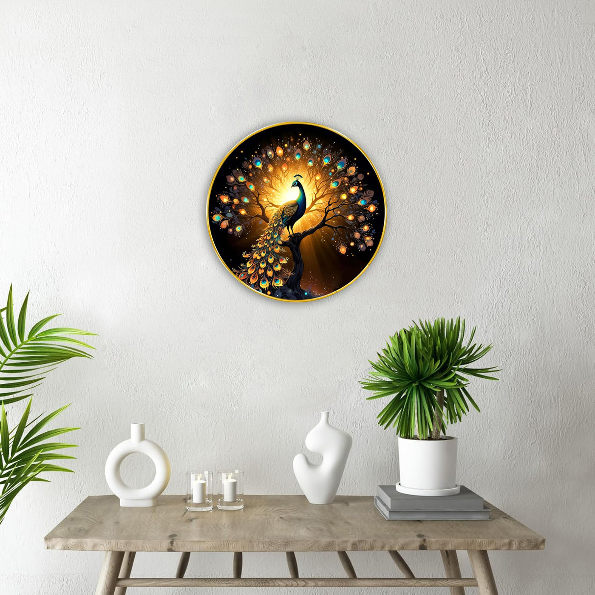 NOBILITY Peacock Painting modern sparkle lamination wall art with premium golden slim frame for Home Living Room Office Wedding Return Christmas Diwali Gift Items for Friends Family