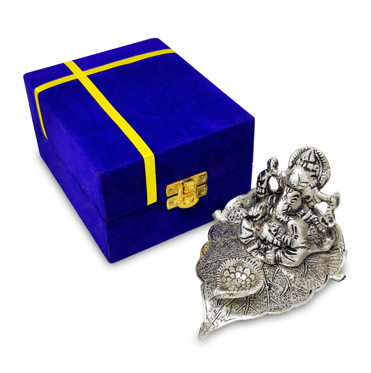 NOBILITY German Silver Diya Ganesha on Leaf Oil Lamp Statue Idol with Blue Velvet Gift Box Pooja Items Diwali Decoration Puja Gifts Handmade Oil Lamp Traditional Indian Deepawali Gift Items