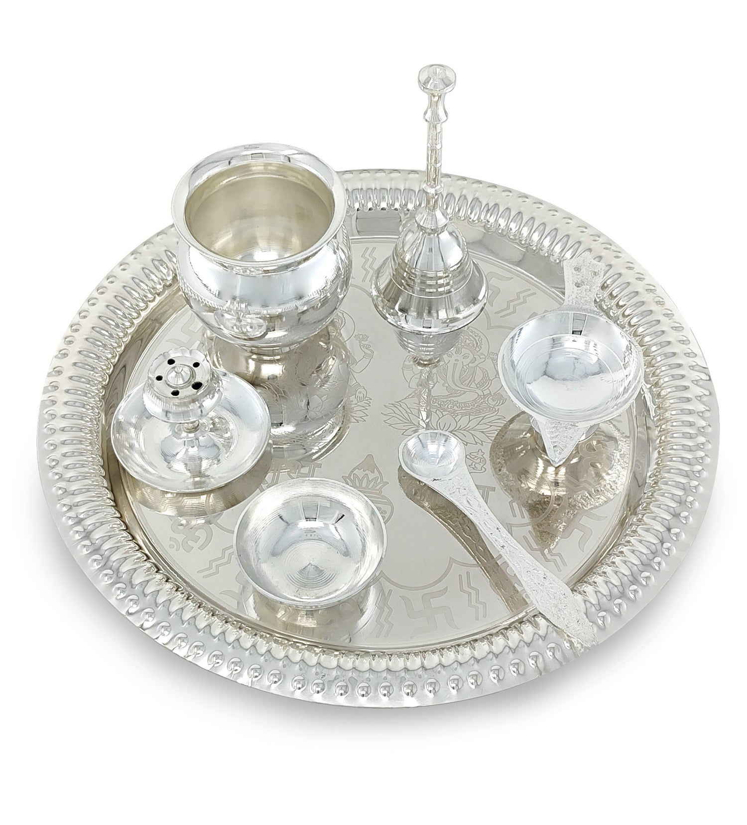 Bengalen Pooja Thali Set Silver Plated with Red Gift Box Designed 22 cm Puja Plate Kalash Bowl Ghanti Spoon Dhup Dan Diya for Home Office Diwali Wedding Return Gift Items