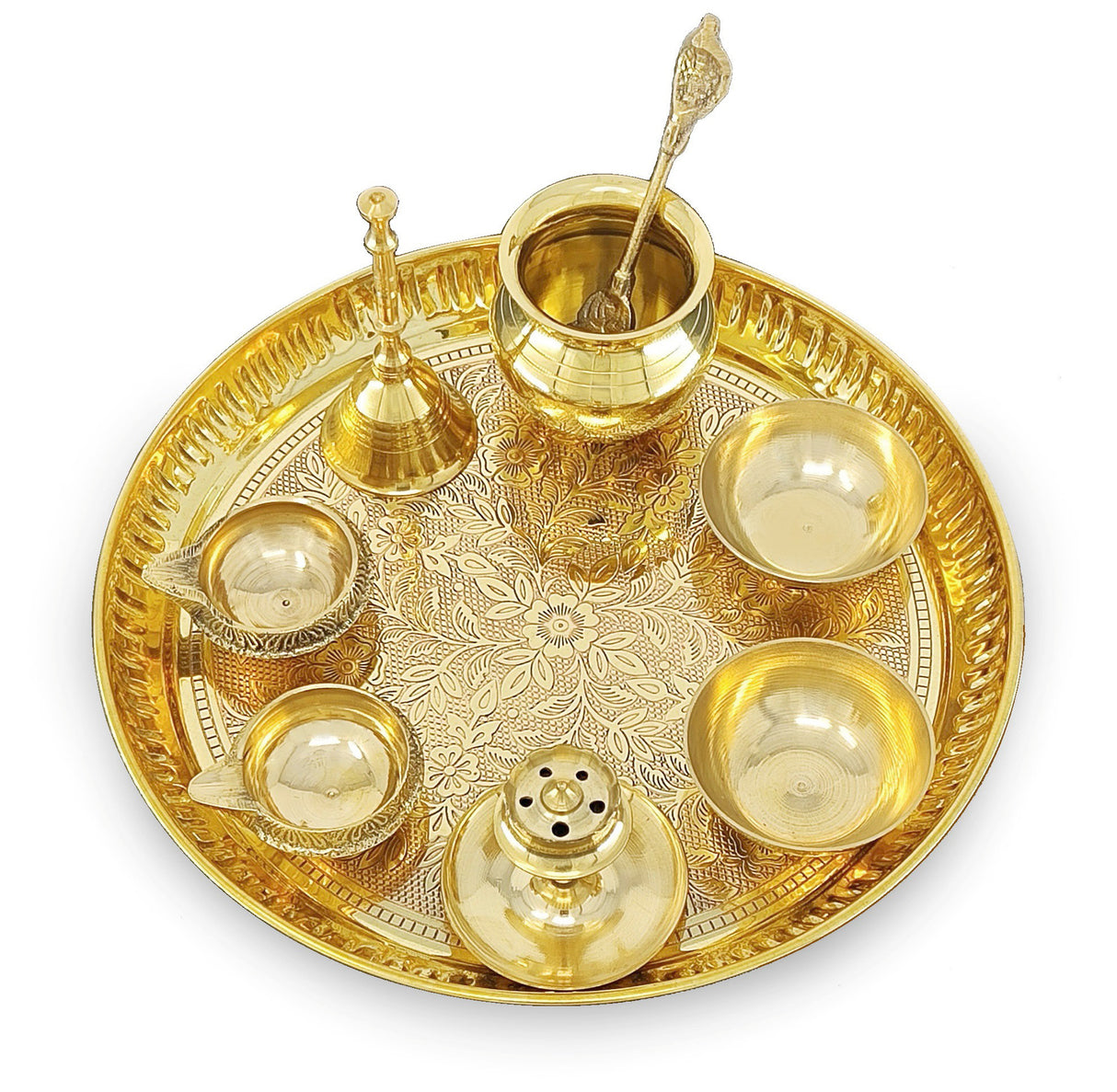 Bengalen Brass Pooja Thali Set 8 Inch Puja Thali with Pital Plate Kalash Palli Chandan Vati Kuber Deep Dhup Dan Ghanti Arti Thali for Diwali Home Office Mandir Wedding Return Gift Items