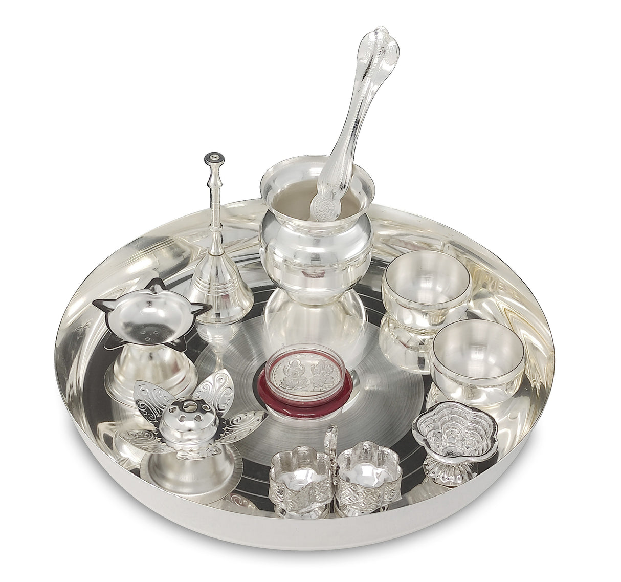 Bengalen Silver Plated Pooja thali Set 8 Inch with Plate Kalash Bowl Agarbatti Stand Palli Diya Kumkum Stand Coin Puja Thali for Diwali Home Mandir Office Wedding Return Gift Items
